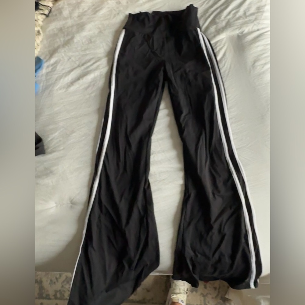 Pink Lily Black Flare Pants with Contrasting White Stripes